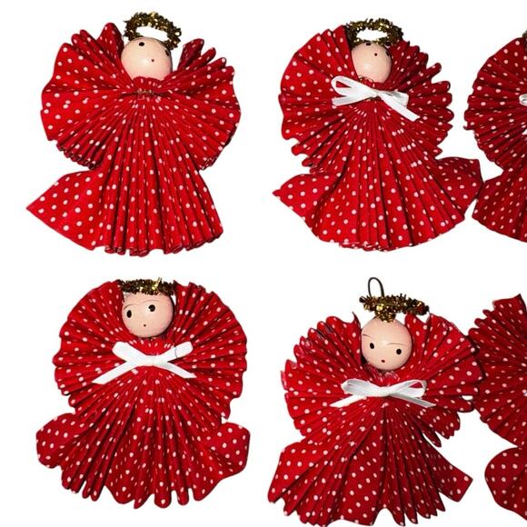 Vintage Red Polka Dot Angel Ornaments – Set of 8 Handmade Angels - Picture 8 of 9